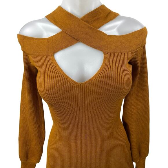 Love Always Brown Rib Knit Cutout Keyhole Long Sleeve Mini Sweater Dress Size M - Picture 3 of 5